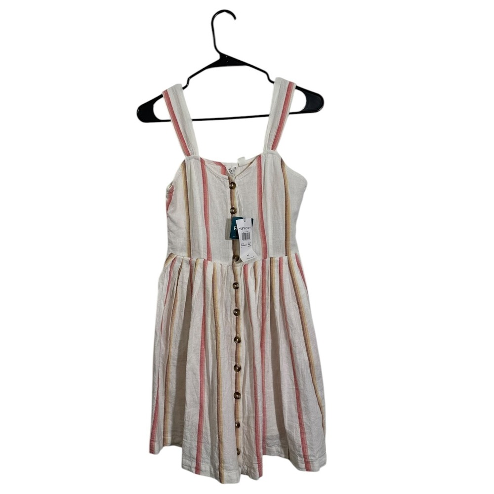 Roxy Sunlit Twist Striped Cotton Linen Button Front Mini Dress Women's XS - NWT